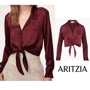 ARITZIA Wilfred Spiced Burgundy Satin Tie-Front Blouse L